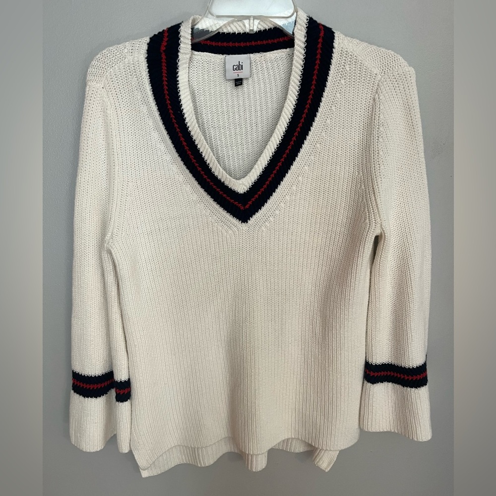 CAbi White‎ V-Neck Sweater with Navy and Red Trim